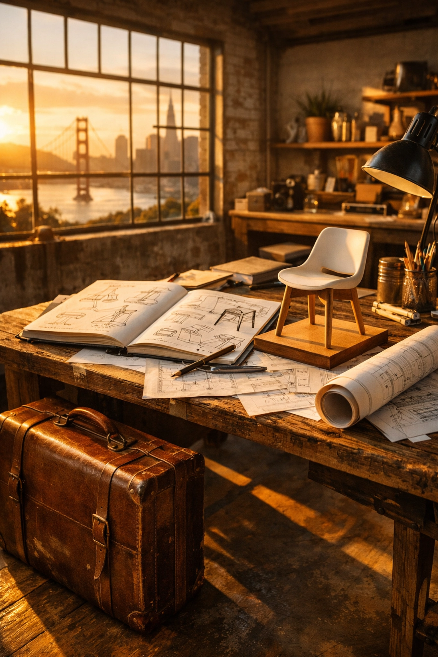 A designer's workbench with blueprints and a suitcase, illustrating the start of the Brian Chesky Airbnb story.