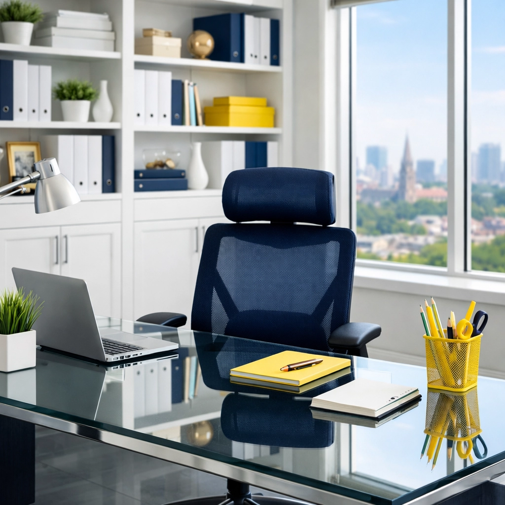 A sanitized and organized Westborough office space featuring a streak-free glass desk and clean surfaces.