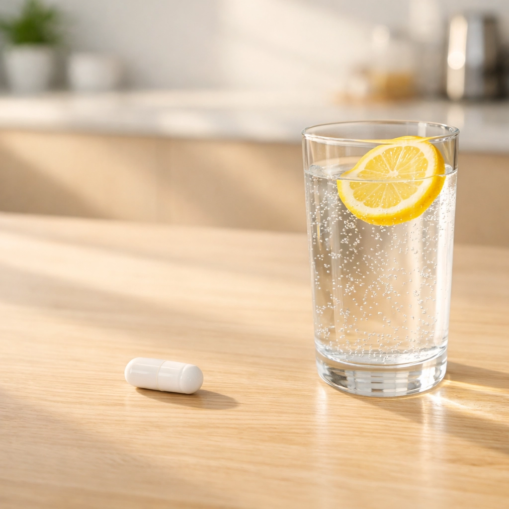 An oral GLP-1 weight loss capsule and a glass of water representing pill-based medication options.