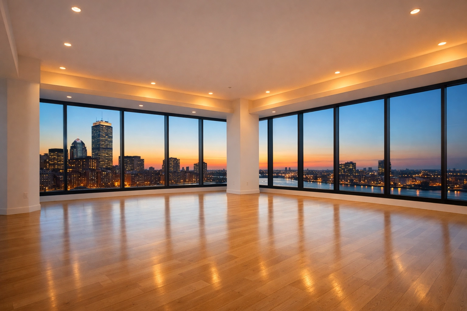 Spotless empty Boston apartment loft with sunset views following a professional move-in deep clean.