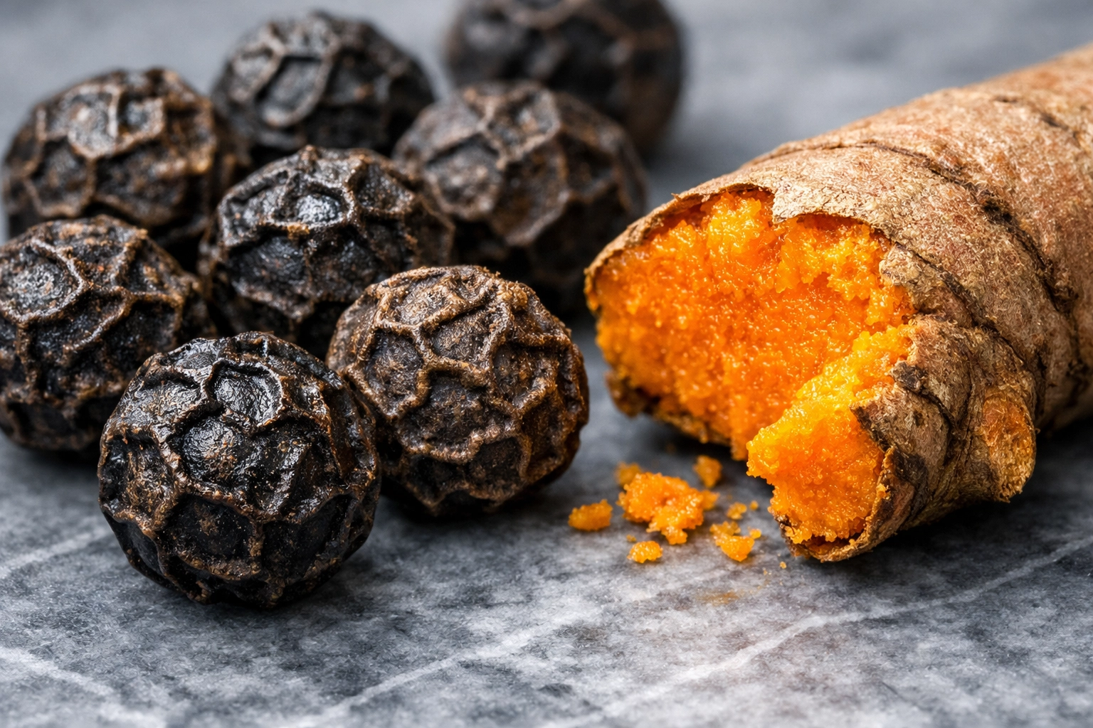 Close-up of high-quality Extra Bold black peppercorns and fresh turmeric root on a marble surface.