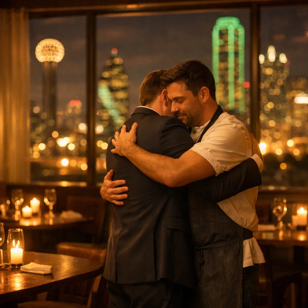 Gay men embracing in candlelit Dallas restaurant after coming out celebration