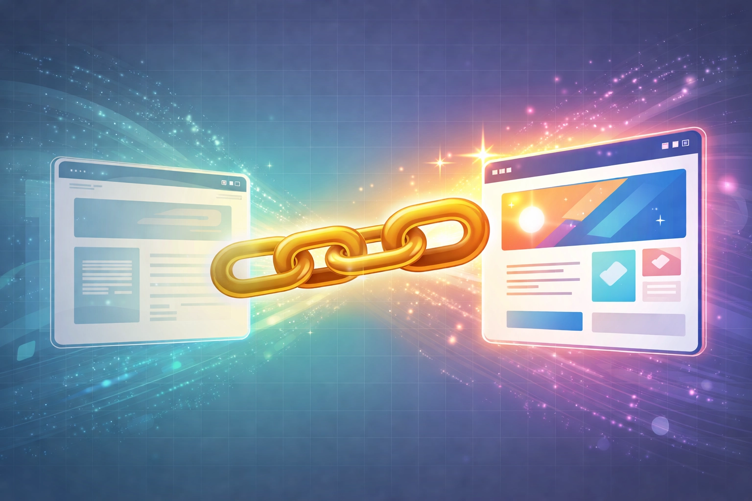 Chaîne de liens dorée reliant deux sites web pour illustrer le transfert du link juice via une redirection 301