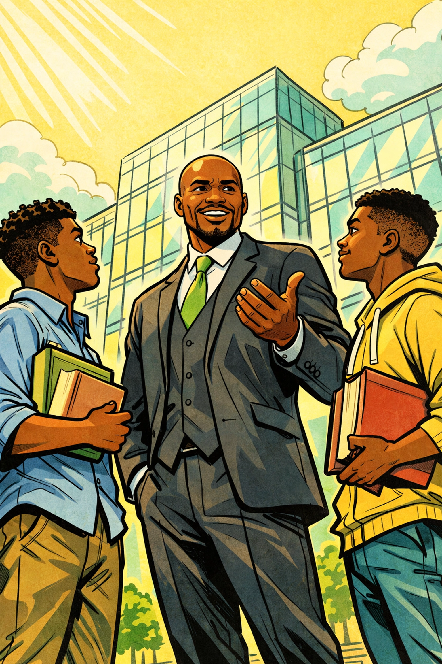 Professor Antonio mentoring young Black men with books in front of a professional boardroom building.
