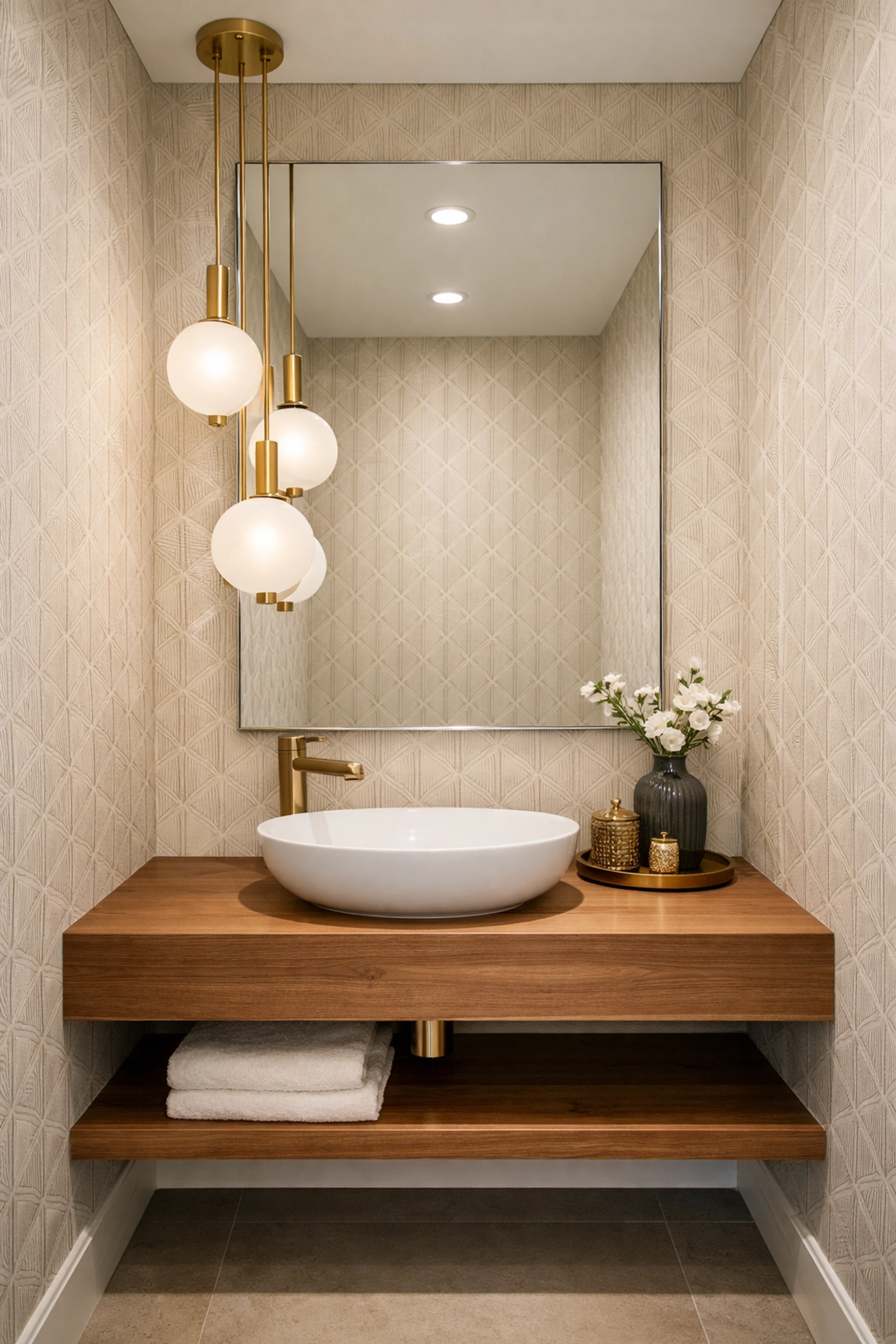 Renovated powder room with modern vanity and statement lighting in Orlando home