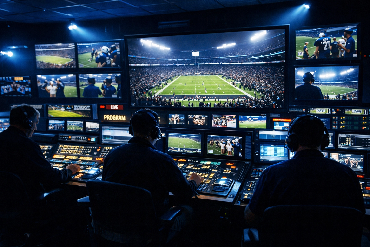 Sports media broadcast control room with multiple monitors showing Super Bowl production operations