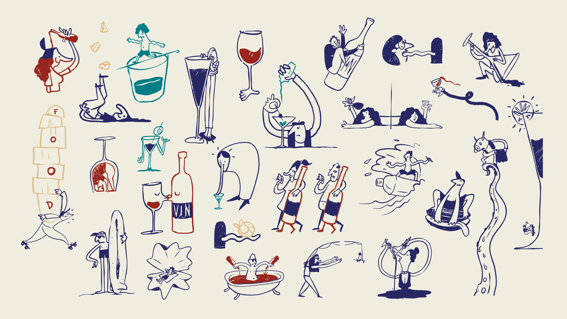 Playful doodle illustration featuring surfers and wine