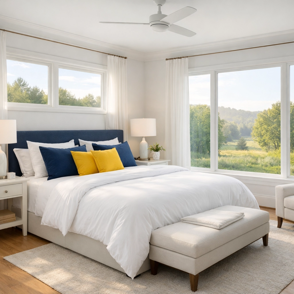 Allergen-free master bedroom in a Sudbury estate featuring fresh linens and clean air from weekly house cleaning.