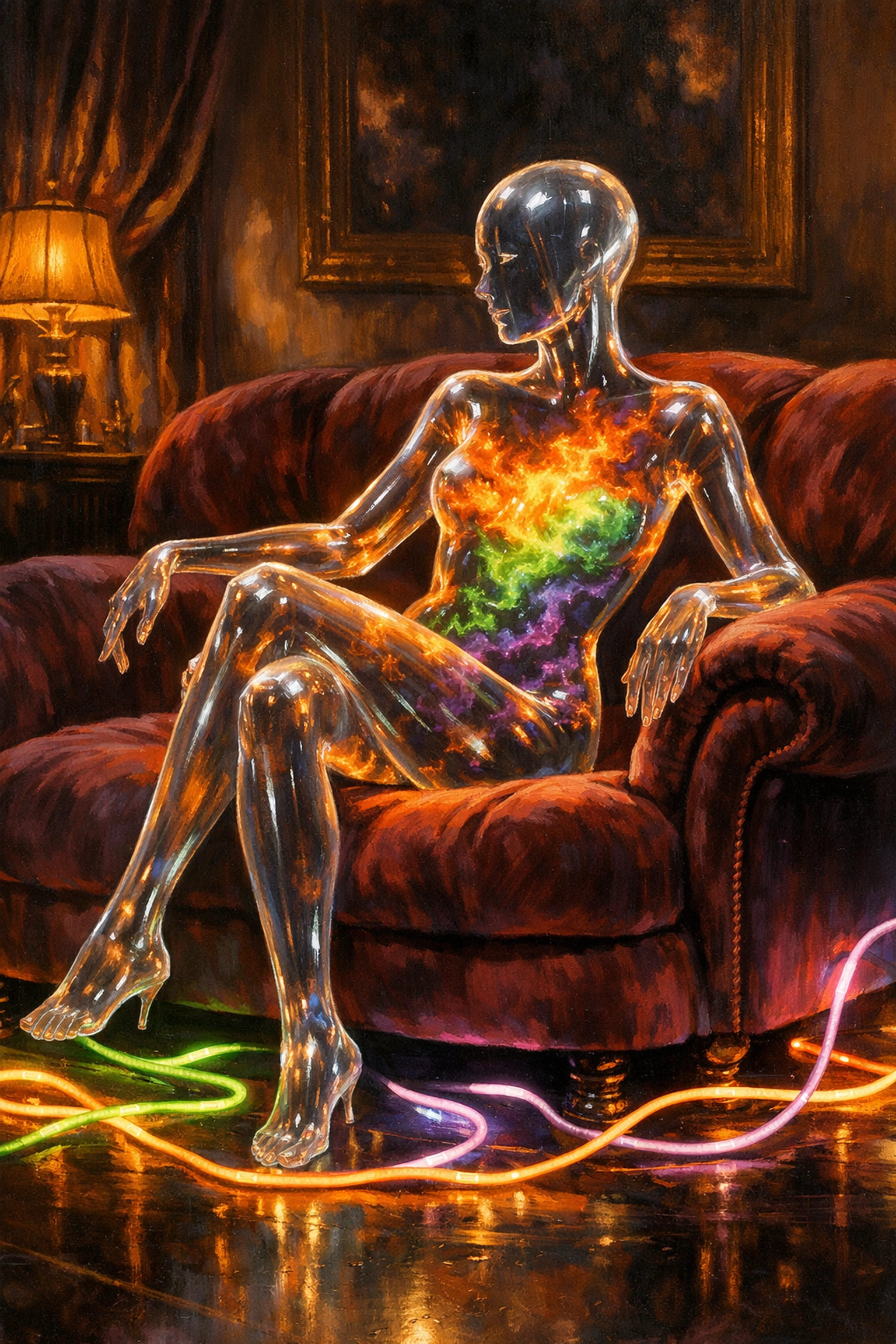 A glowing silhouette on a velvet chair, symbolizing body transparency and personal health boundaries.