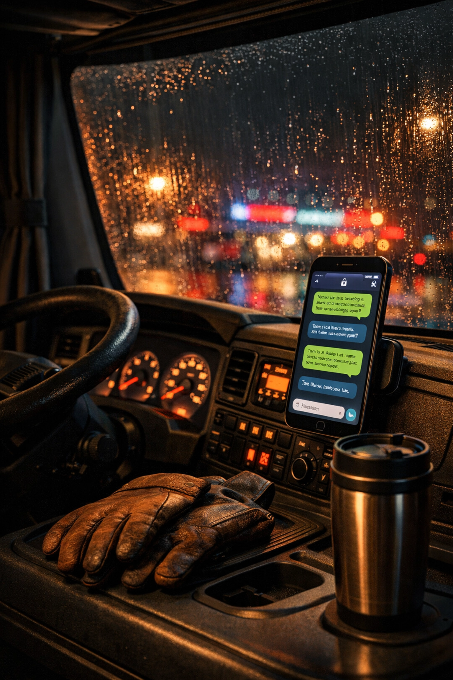 Smartphone in a truck sleeper cab showing a secure doctor chat for traveling patients.