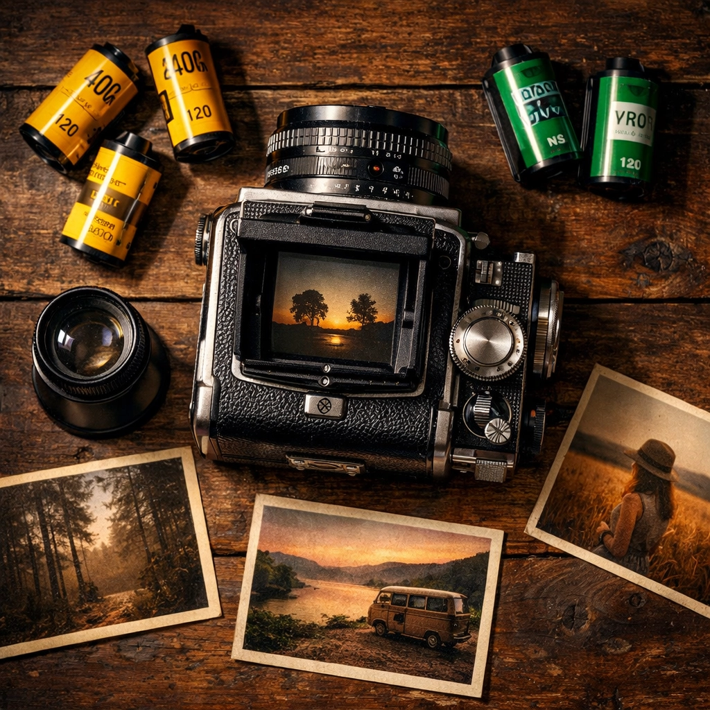 Vintage medium-format film camera and canisters, highlighting trends in current photography tutorials.