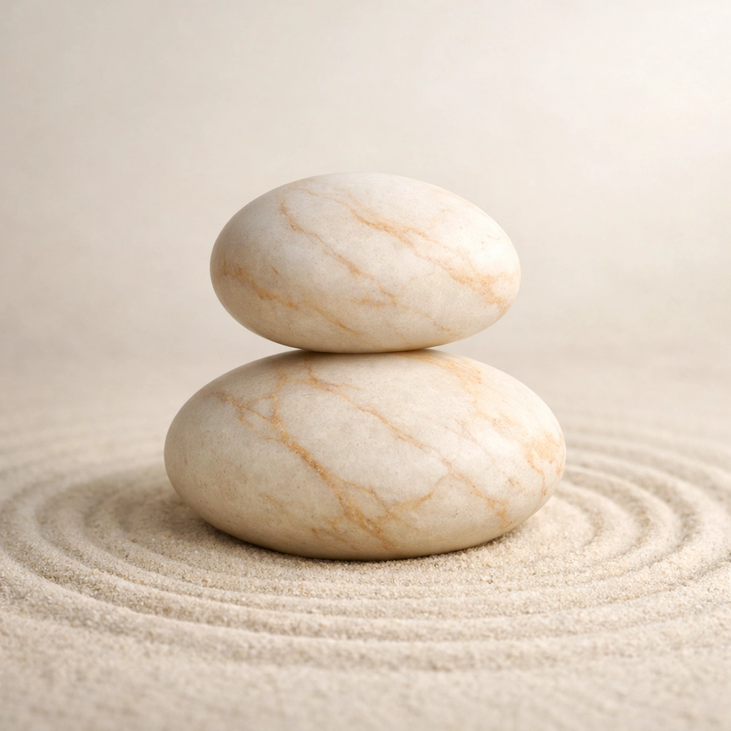 Balanced river stones on sand symbolizing the inner security and balance found in attachment therapy.