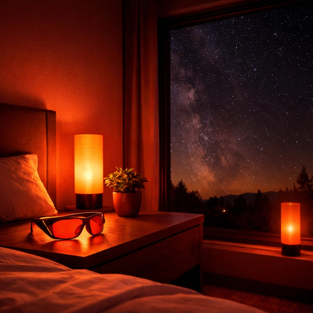 Sleep-optimized bedroom with amber lighting and blue-blocking glasses to promote natural melatonin levels.