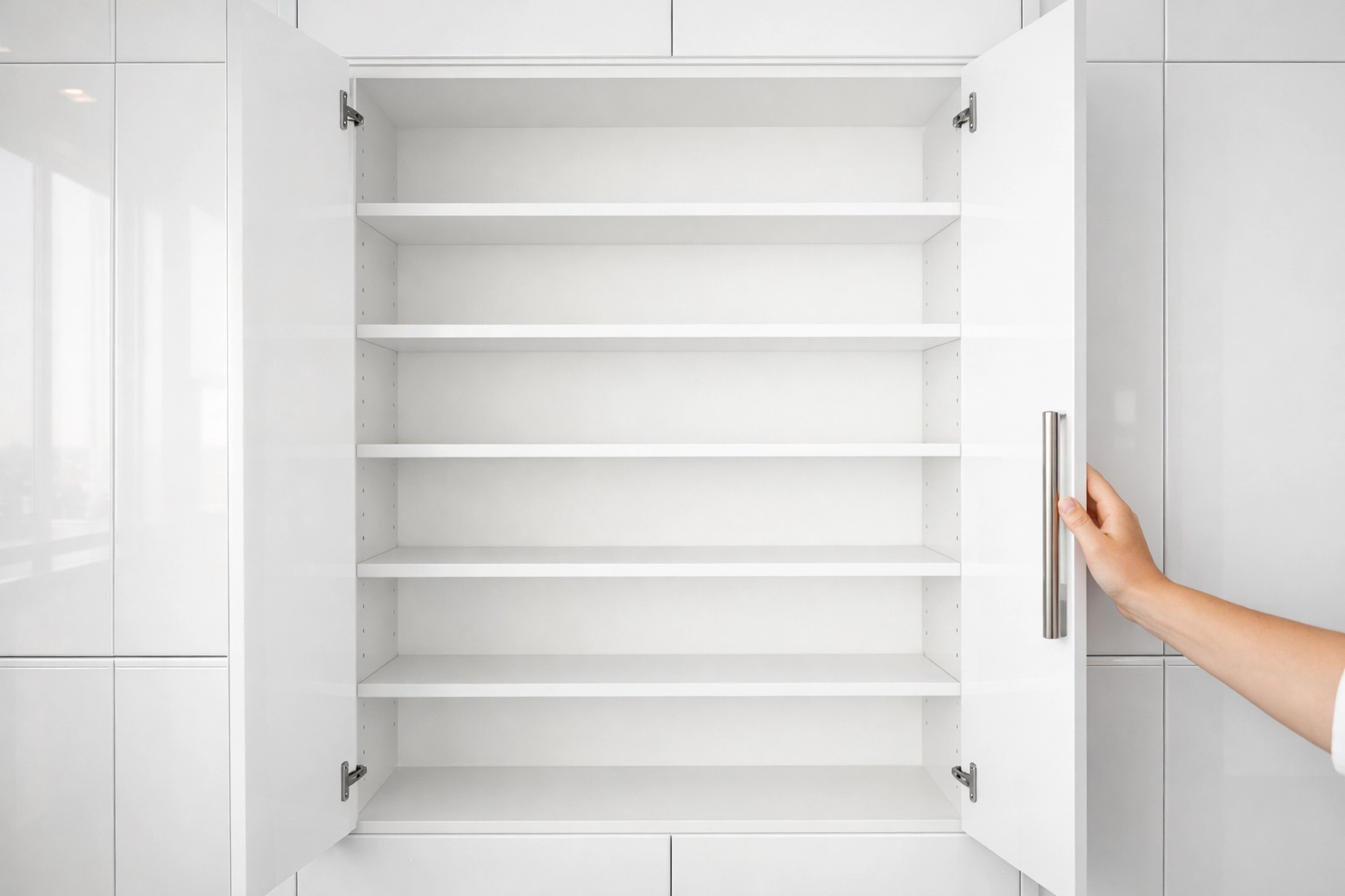 A spotless, empty kitchen pantry showing the high standards of professional turnover cleaning.