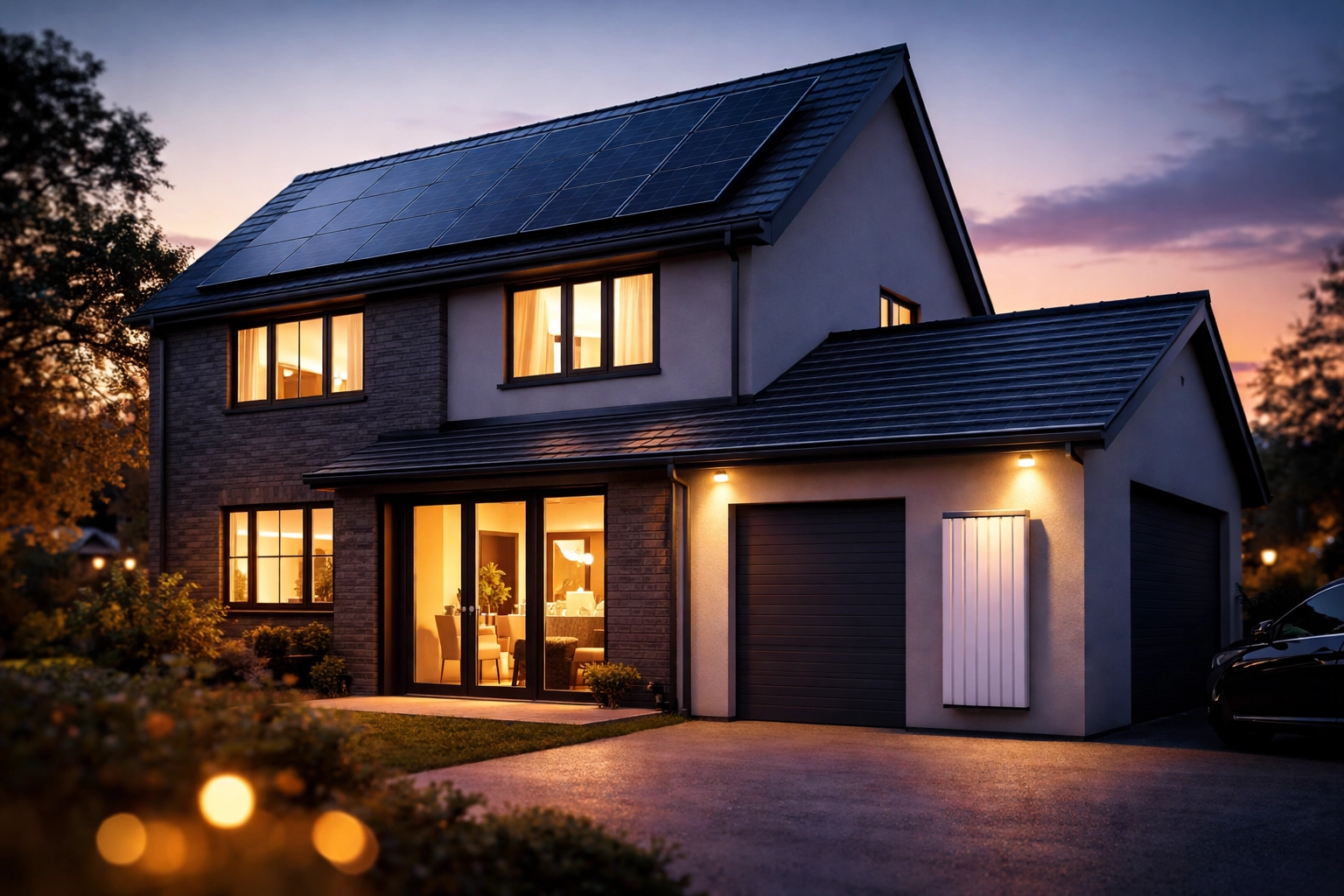 Modern UK home with rooftop solar panels and wall-mounted battery storage unit at sunset