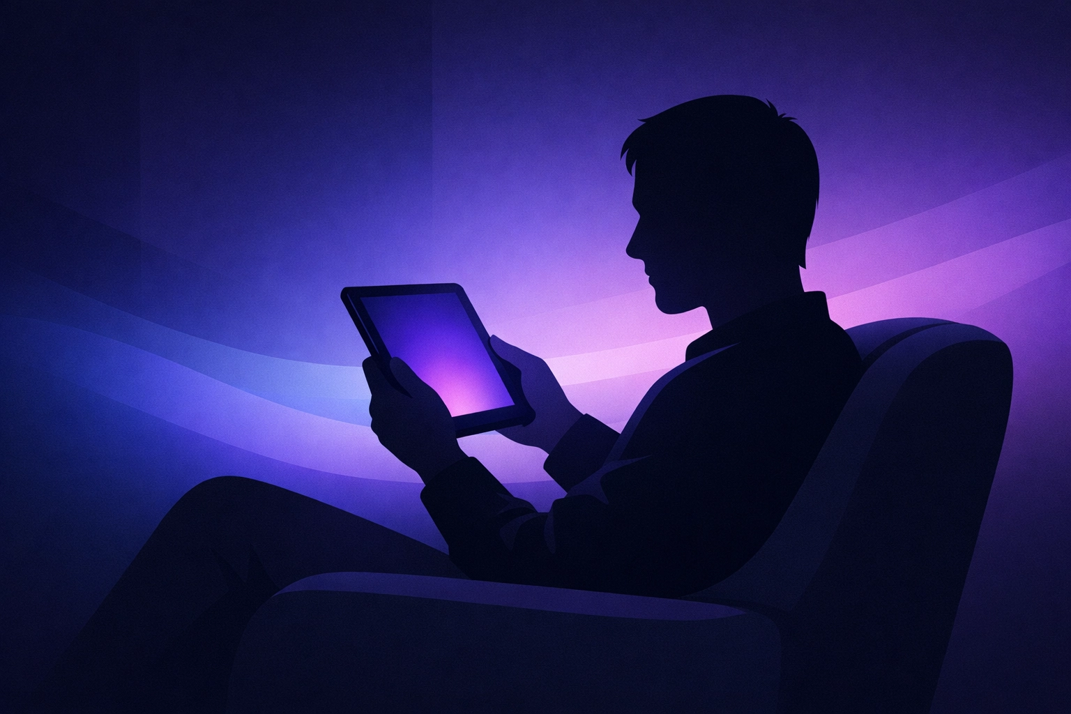 Person using a dark theme device with soft indigo light to reduce eye strain and sensory overload.