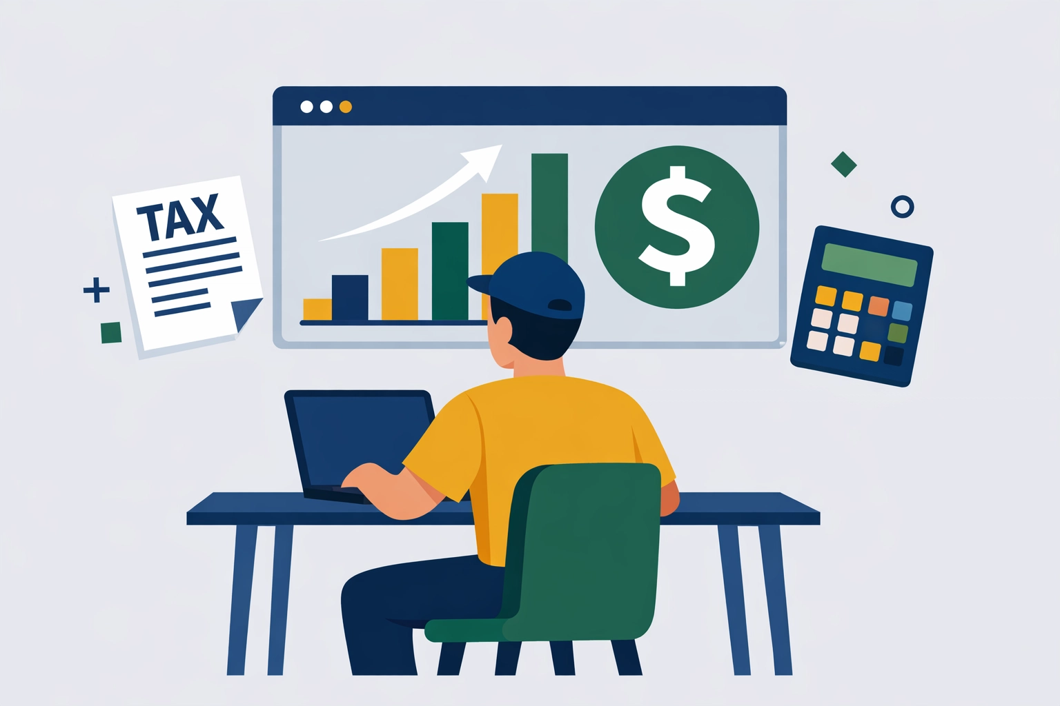Person tracking side hustle income and 2026 taxes on a digital dashboard illustration.