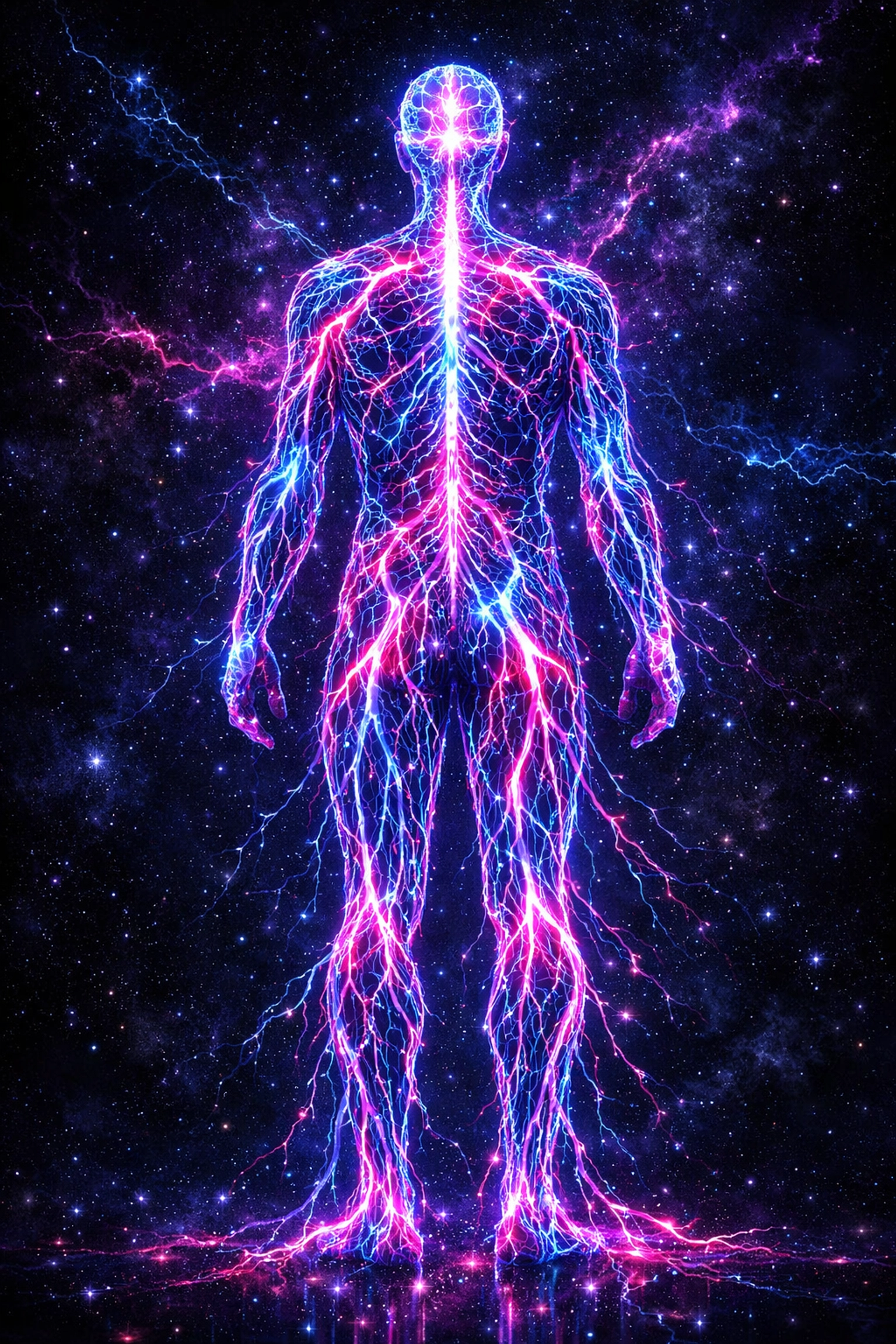 Glowing human nervous system branching like neon roots, representing biology and nervous system regulation.