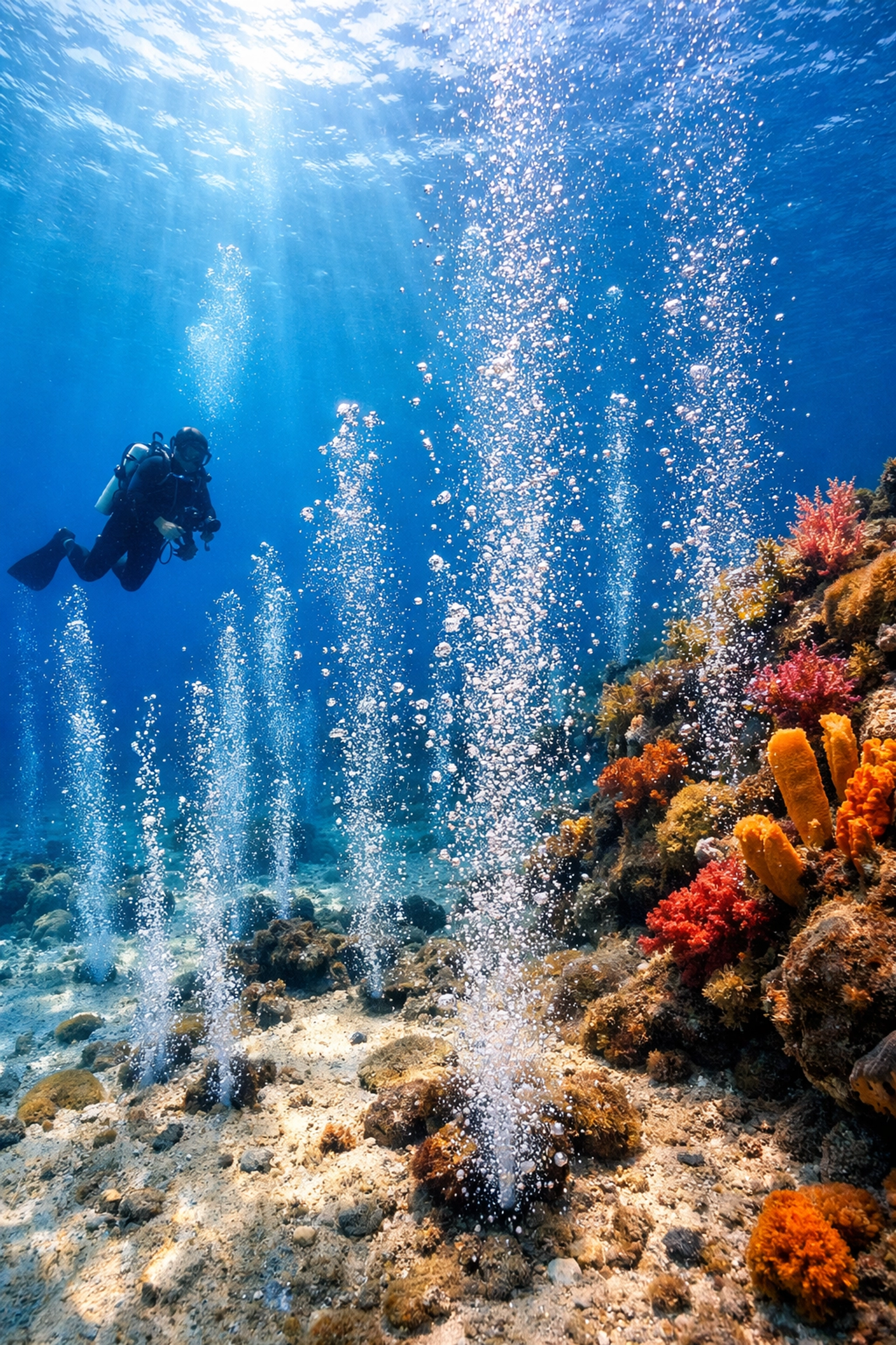 Diver observing volcanic champagne reef bubbles in Dominica's pristine waters