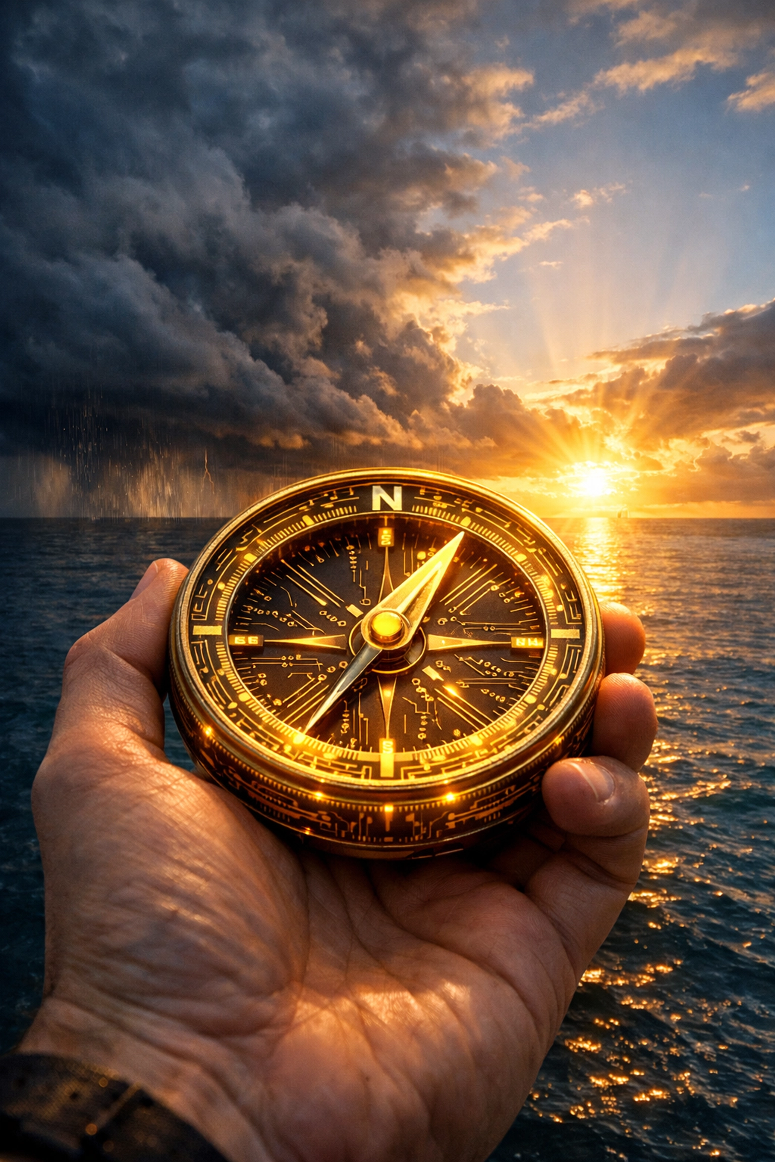 A high-tech golden compass pointing to a clear horizon, symbolising future-proofed AI business strategy.