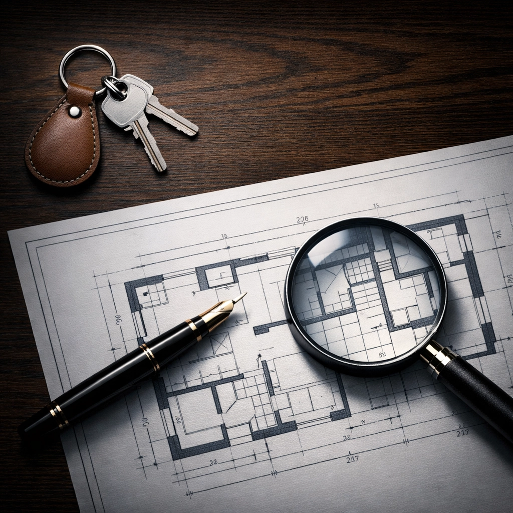 Property keys and pen on blueprints, symbolizing a clear exit strategy for successful bridging finance deals.