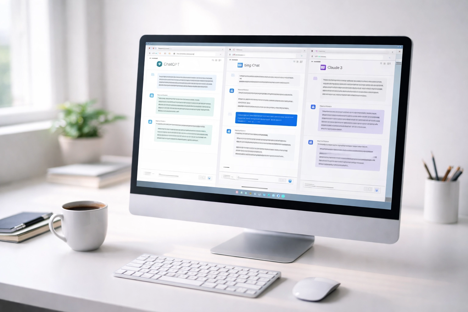 Professional workspace with a desktop displaying multiple AI chat platforms, illustrating Share of Voice measurement for technical SEO.