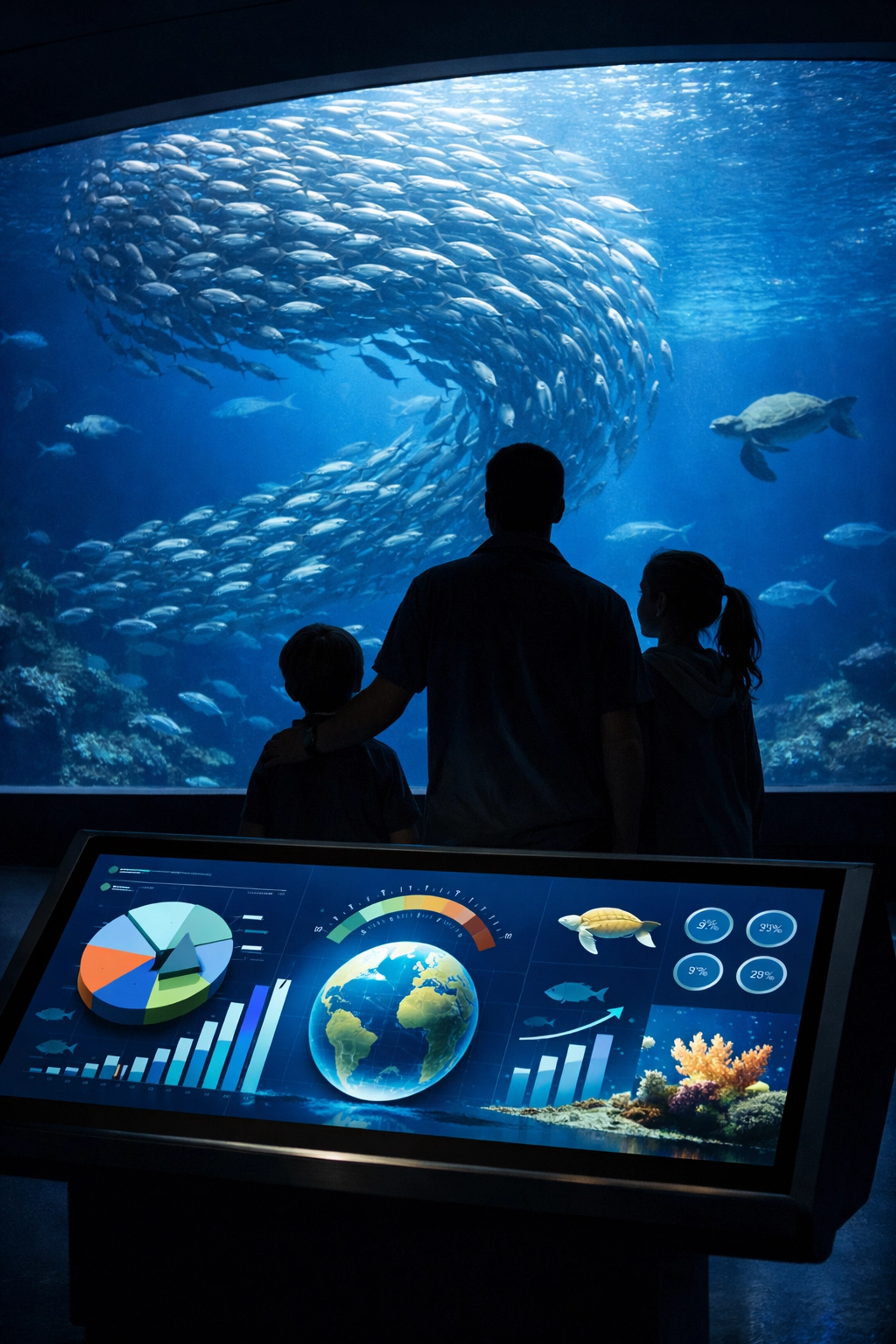 Family using an interactive conservation display at an aquarium to show cross-industry media innovation.