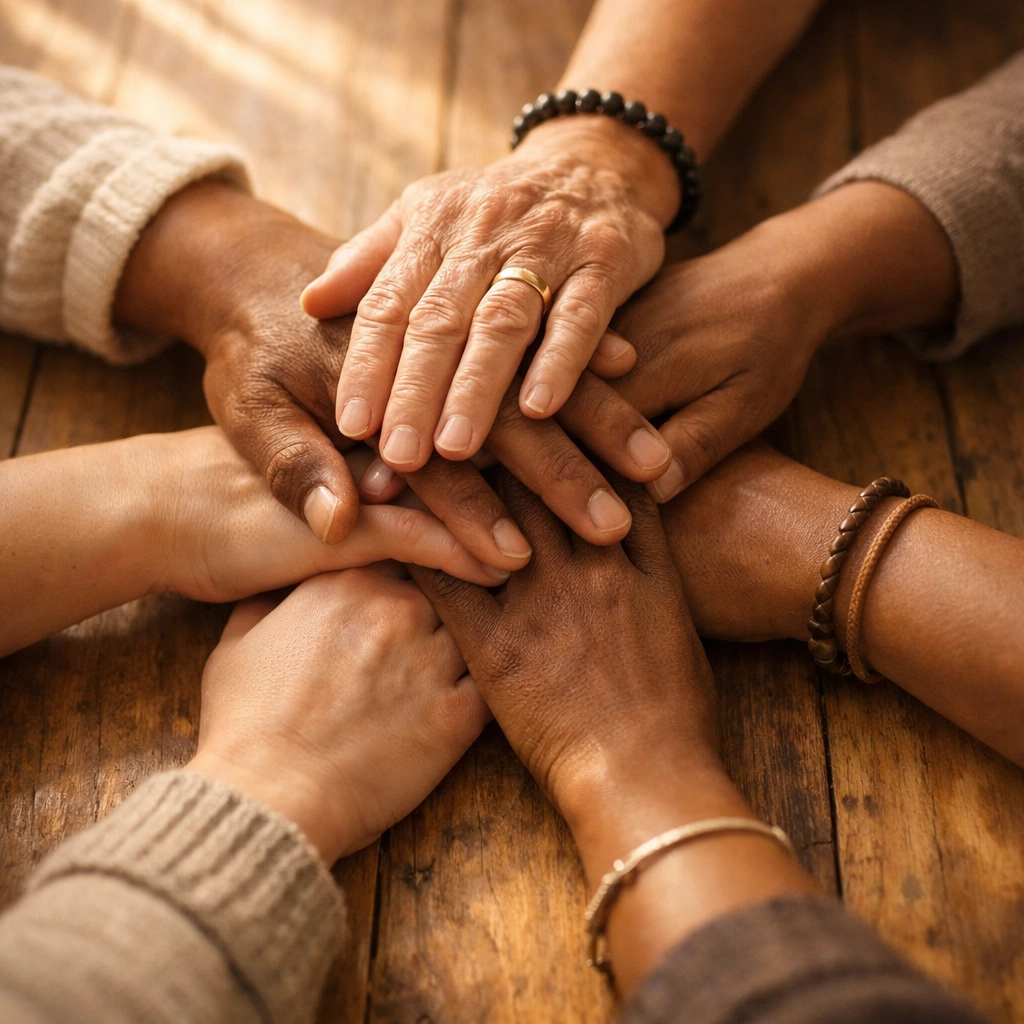 Diverse hands joined together in unity representing welcoming church community Diverse hands joined together in unity representing welcoming church community