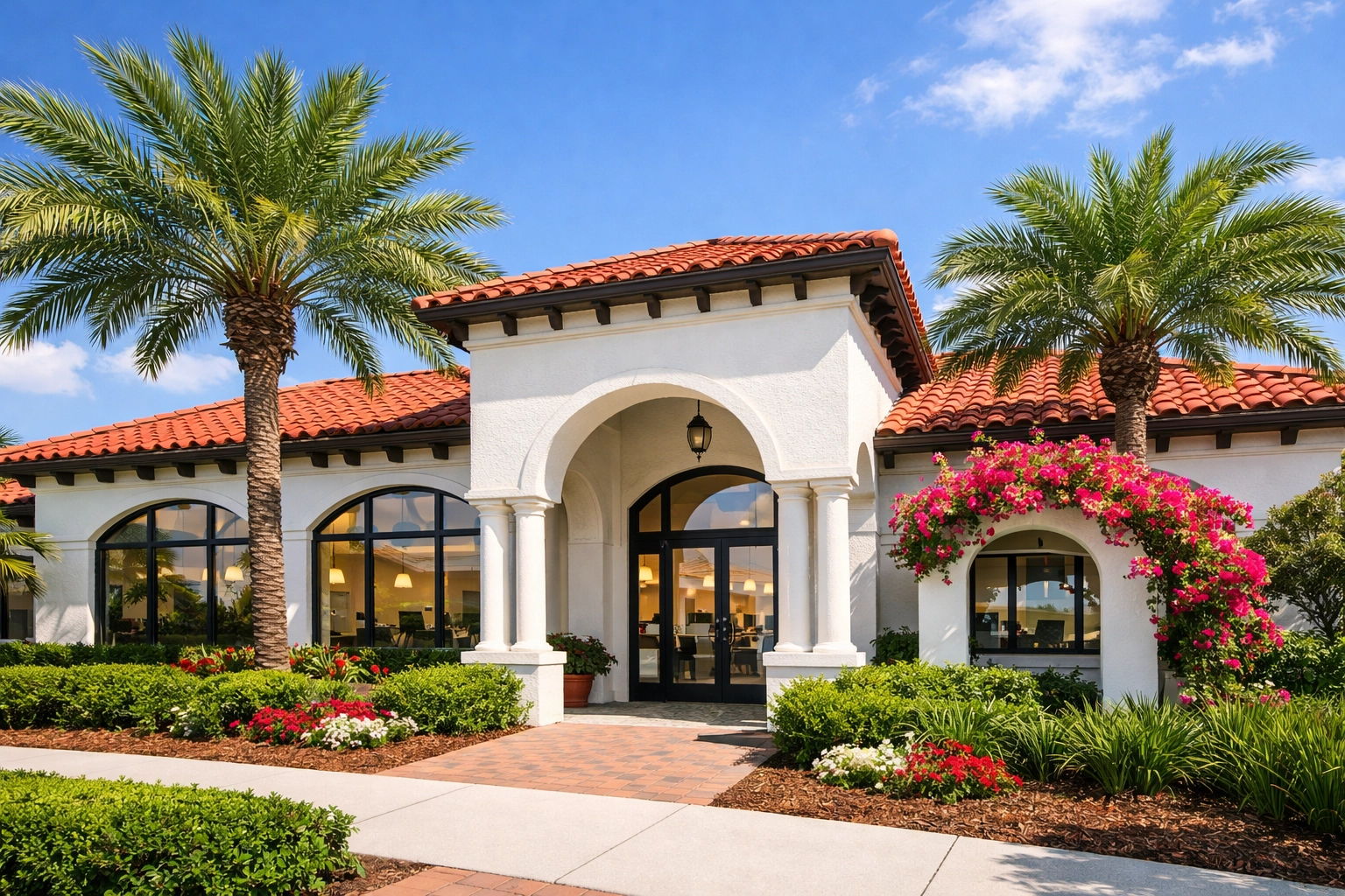 Professional Mediterranean-style office exterior in Venice FL with palm trees for Google Business Profile optimization.