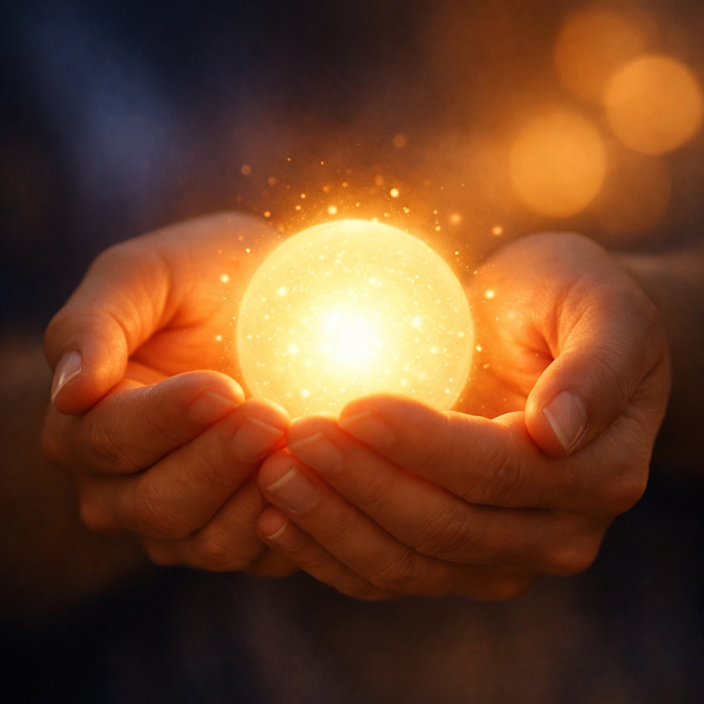 Hands holding light representing mercy-forward response and compassionate action in news consumption