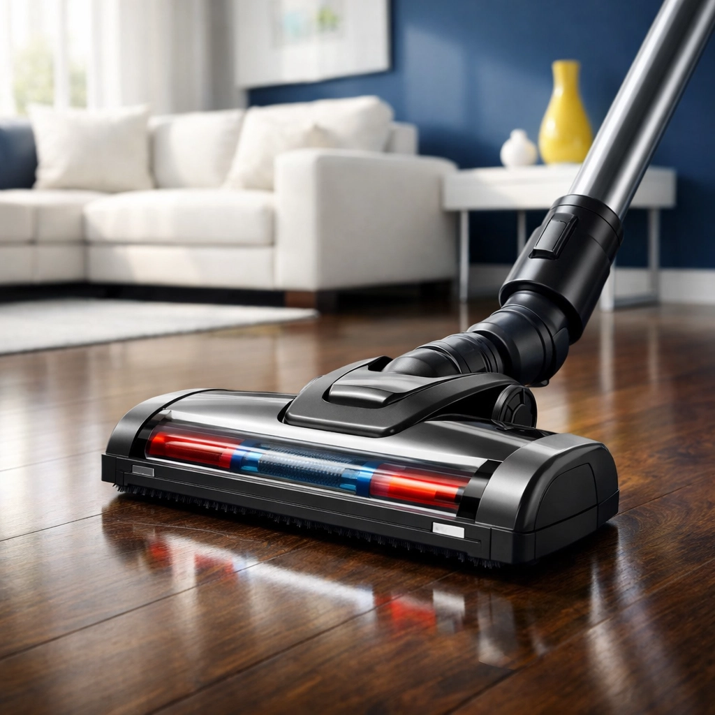 Professional vacuuming on hardwood floor as part of comprehensive house cleaning services MA for better air quality.