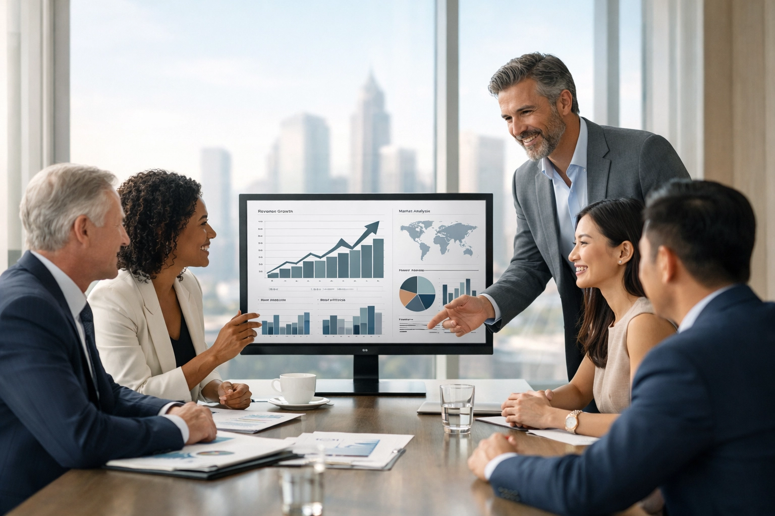 Executives in a modern boardroom collaborating on strategic consulting and brand partnership development.