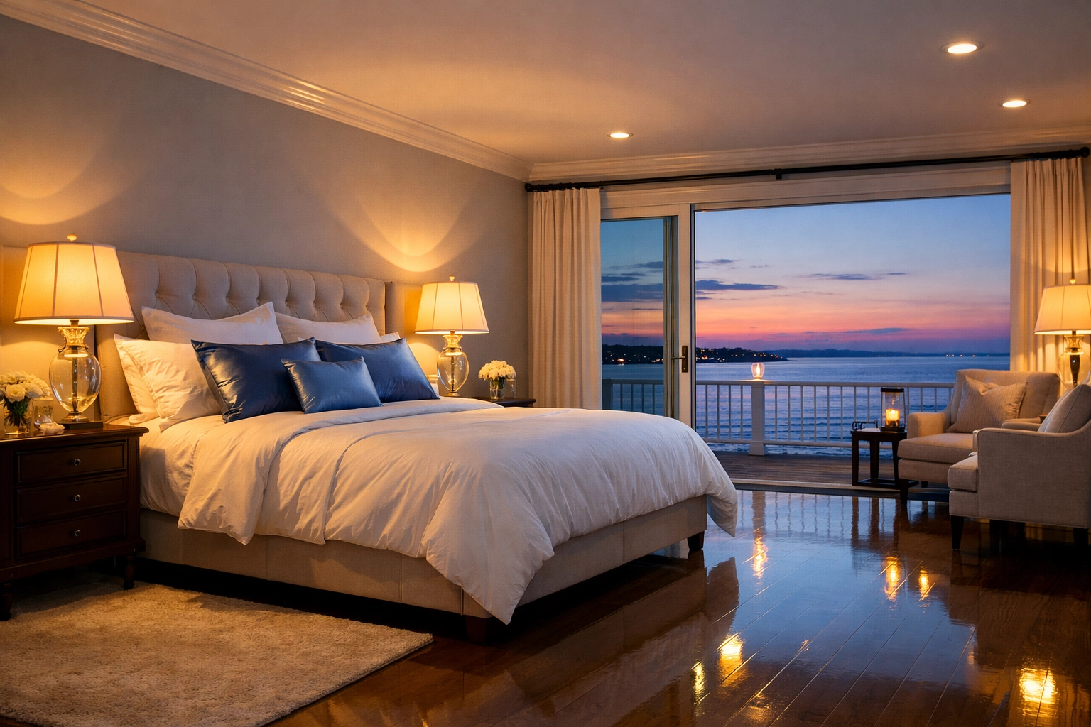 A luxury Hingham master suite with an ocean view reflecting a professional bi-weekly house cleaning refresh.