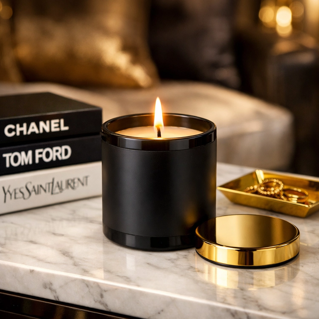 Scented luxury candle from a Black-owned brand on a marble table in an elegant living room.
