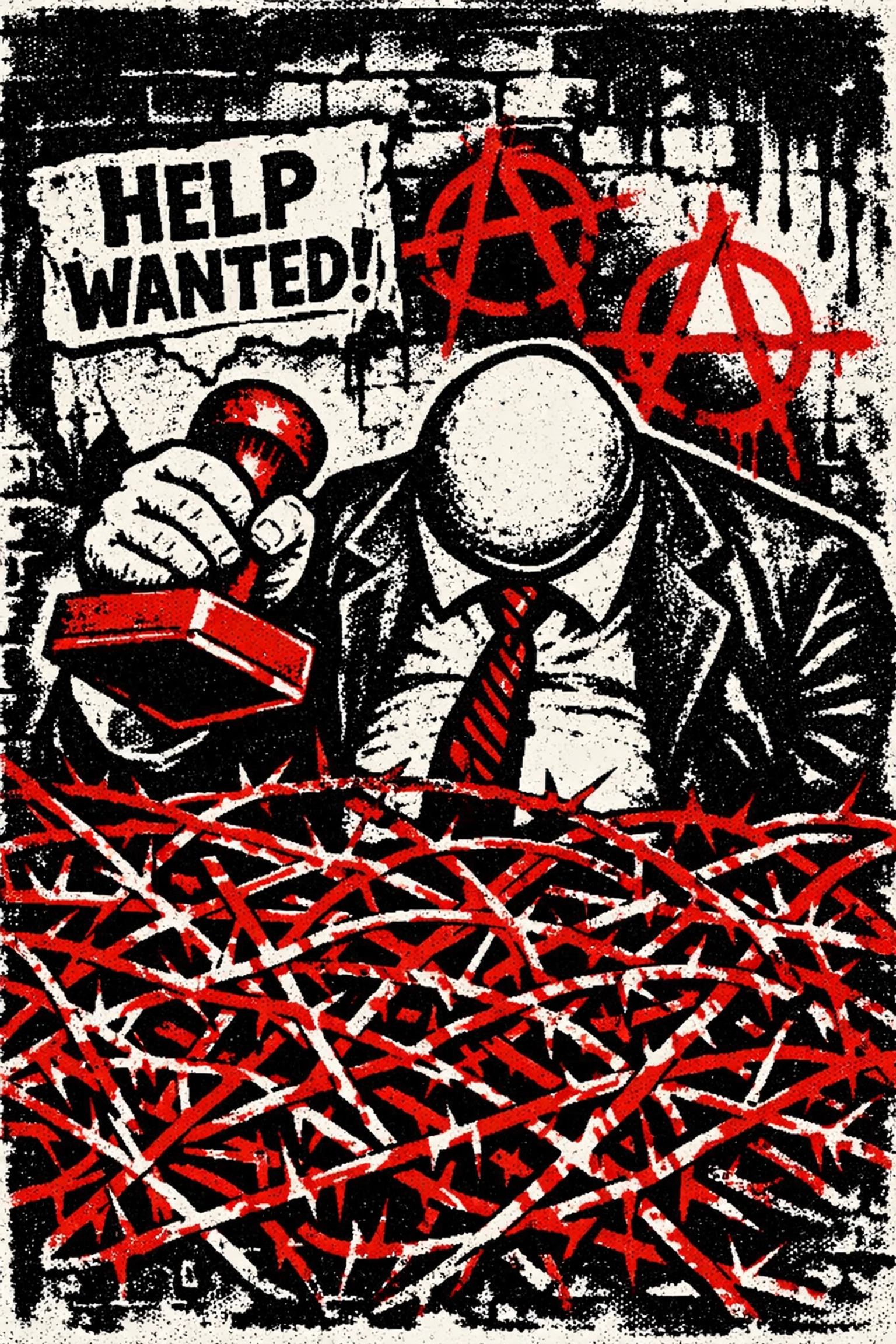 Bureaucrat using red tape to block a help wanted sign, illustrating government barriers to immigrant labor.