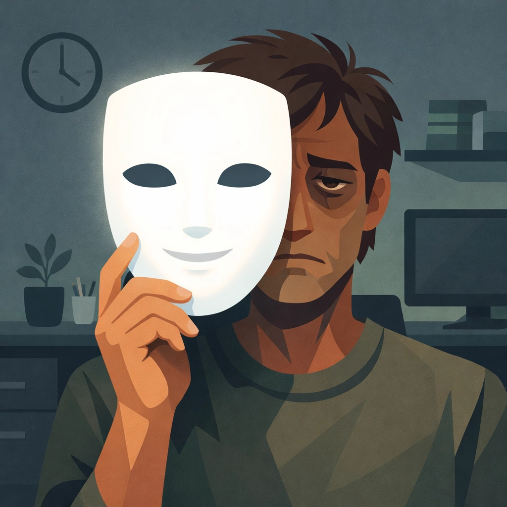 Illustration of a worker masking their face to show the disconnect in corporate mission statements.