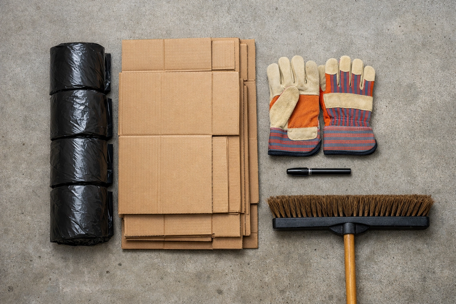 Garage cleanout supplies including trash bags, boxes, gloves, and marker on floor