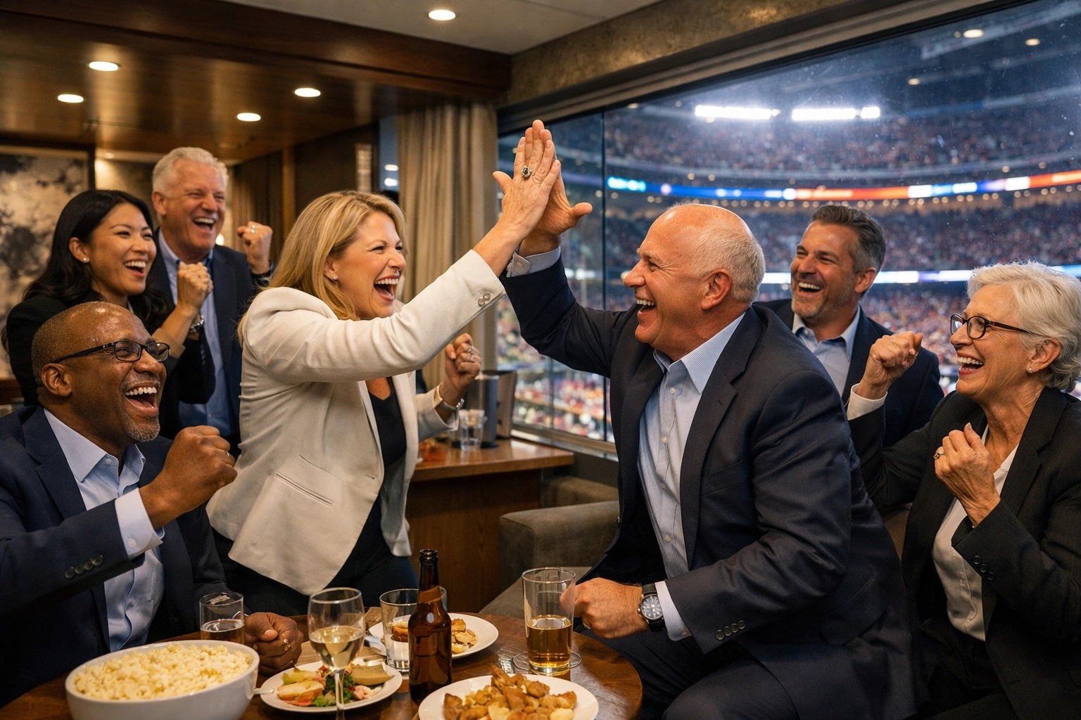 Executives celebrating inside a luxury stadium suite, demonstrating genuine connection at a major sporting event.