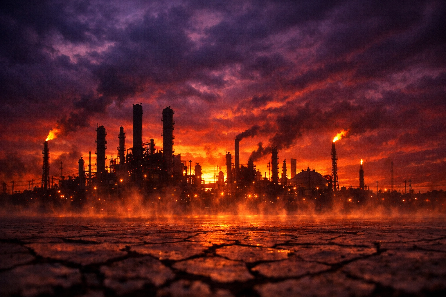 Oil refinery silhouette at dusk depicting rising energy costs and global economic pressure.