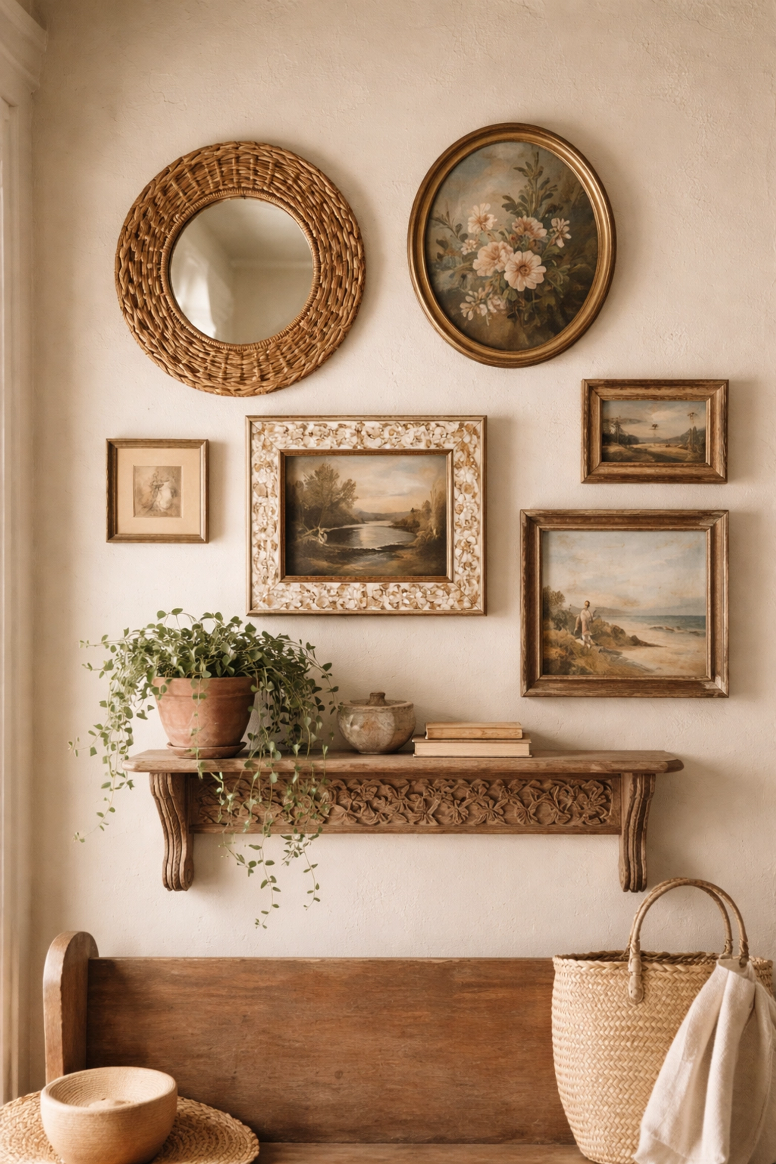 Cottage-style entryway featuring a gallery wall with artisan mirrors, vintage frames, and natural wood accents