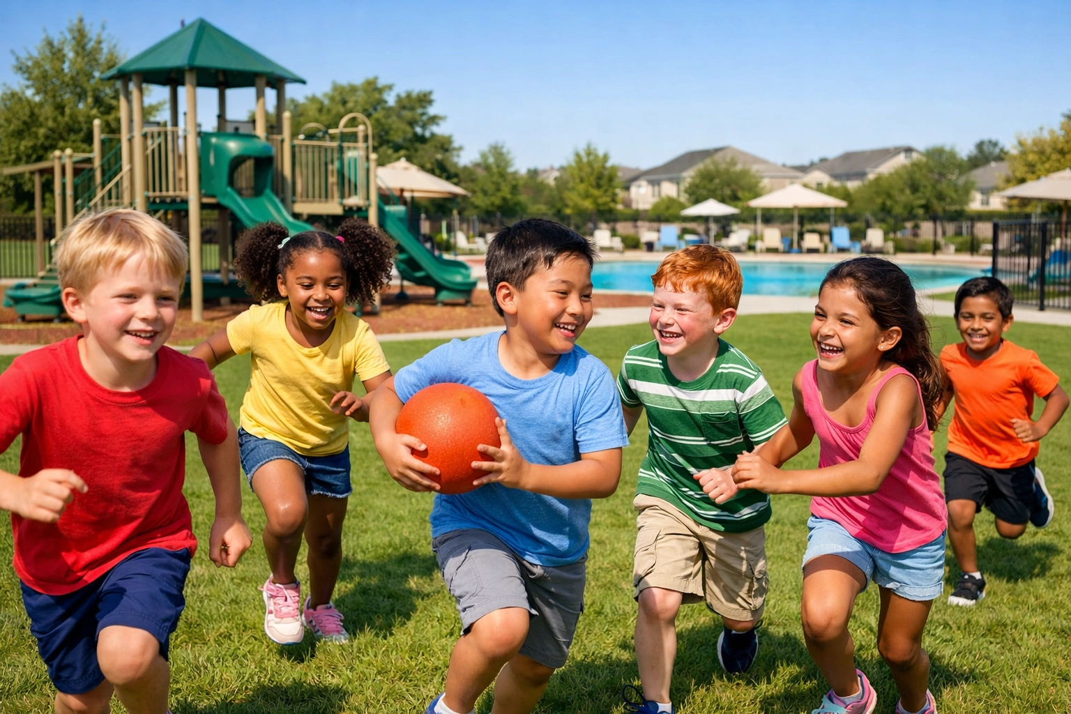 Children playing safely on a green sports field near a community pool and playground in Texas.