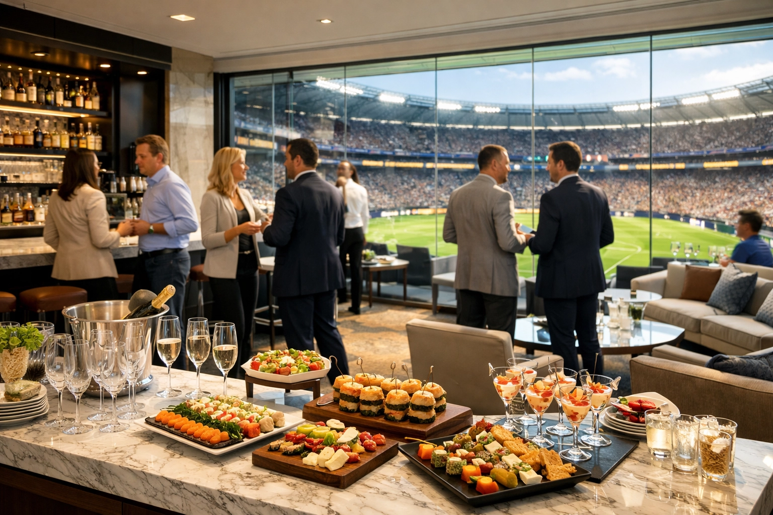 PRESS RELEASE: The Ultimate Guide to Super Bowl Corporate Hospitality: Everything You Need to Succeed in 2026 Luxury corporate hospitality suite at a modern football stadium for Super Bowl executive networking.