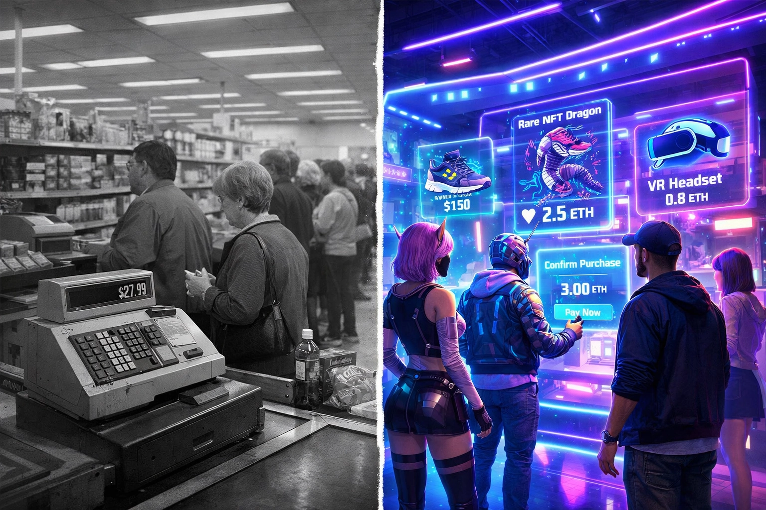 Comparison of traditional retail checkout vs vibrant metaverse storefront with crypto payments