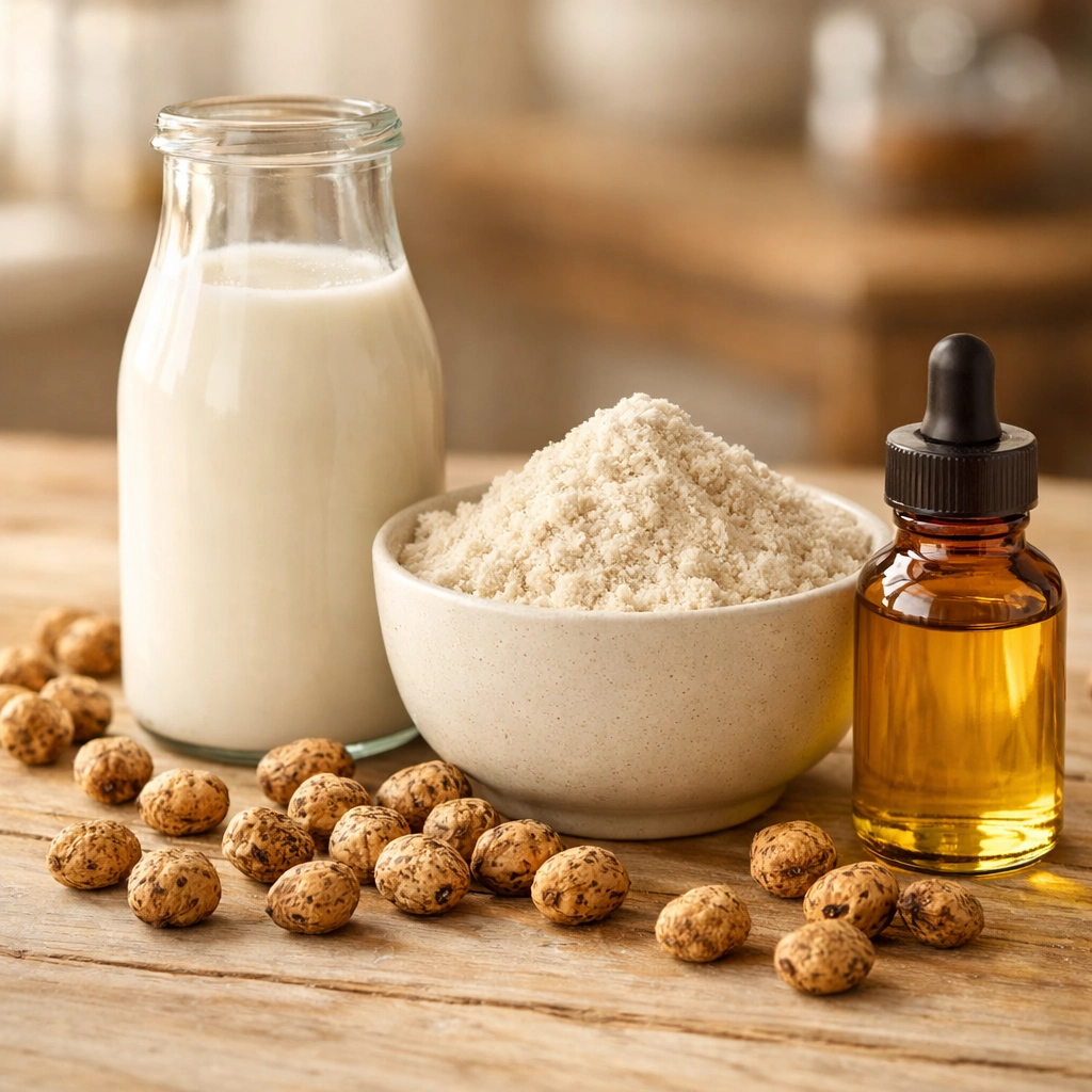 Versatile tiger nut superfood products including plant-based milk, gluten-free flour, and organic tiger nut oil.