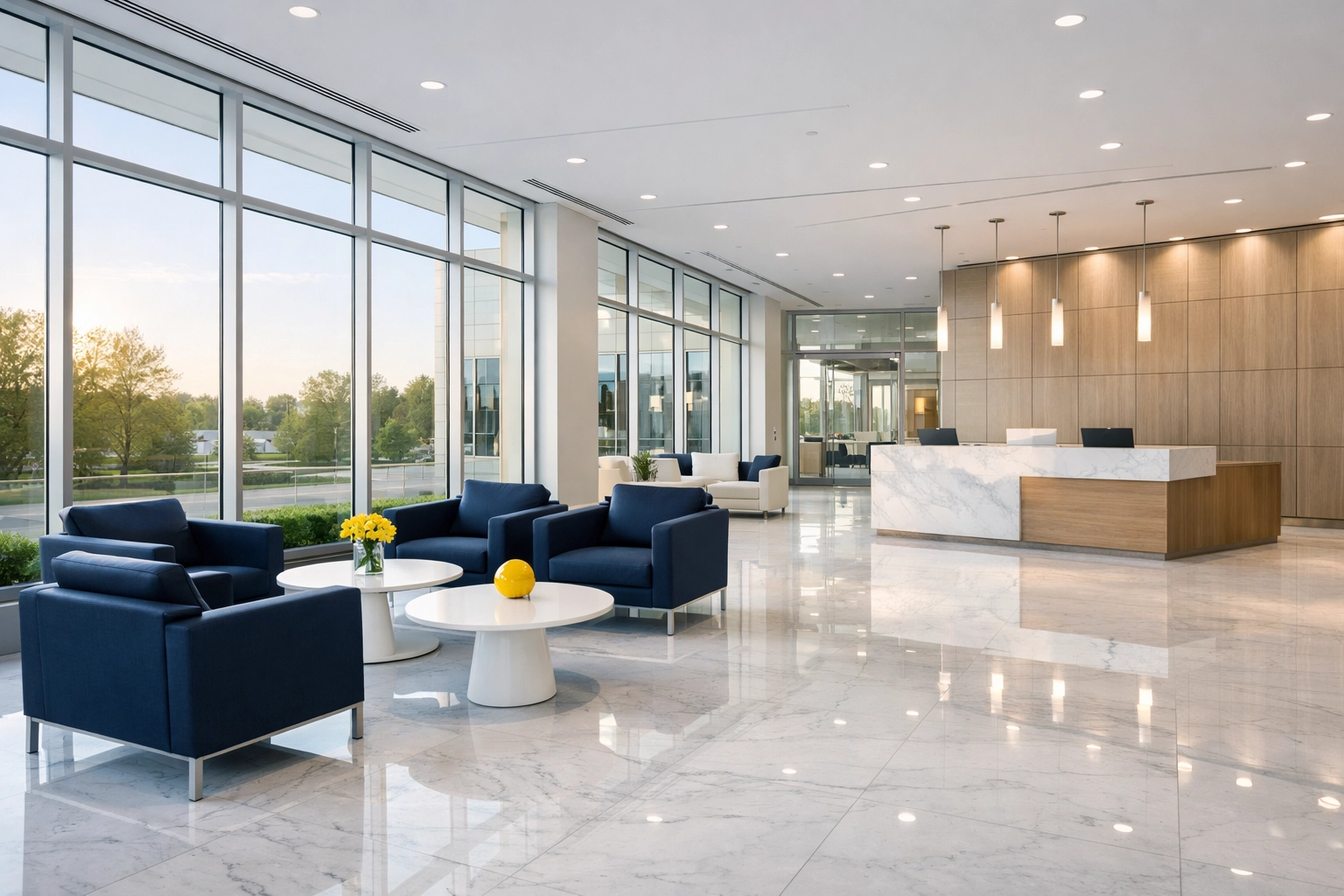 Sanitized high-end office lobby in Milford following professional commercial cleaning services.
