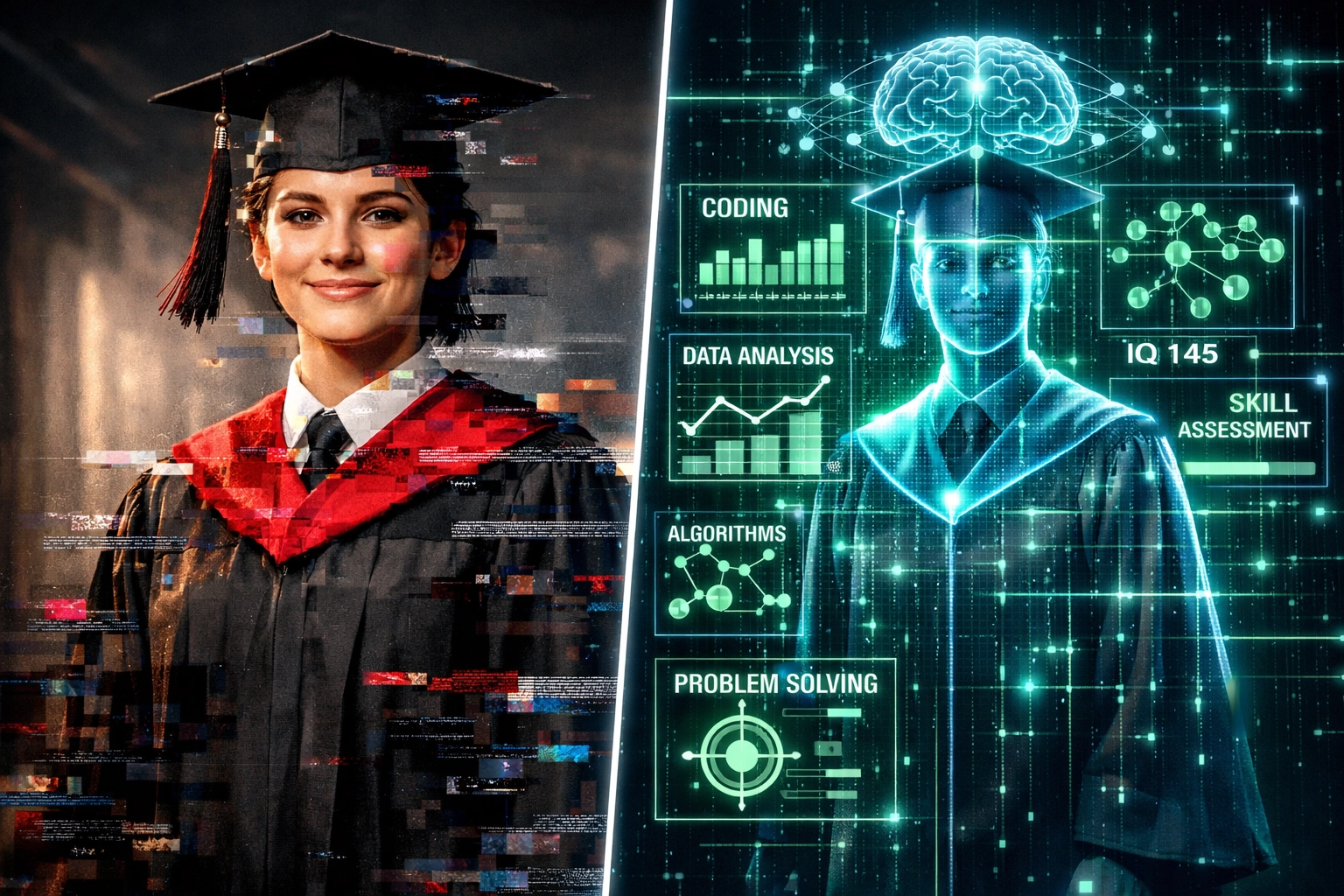 Graduate credentials being analyzed by AI assessment technology revealing skill gaps