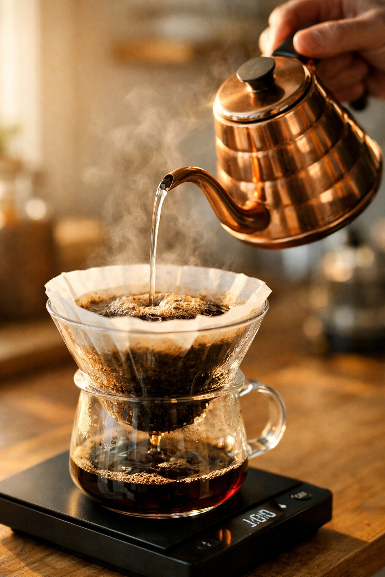 Pouring water from gooseneck kettle into pour-over coffee dripper on digital scale for precise brewing