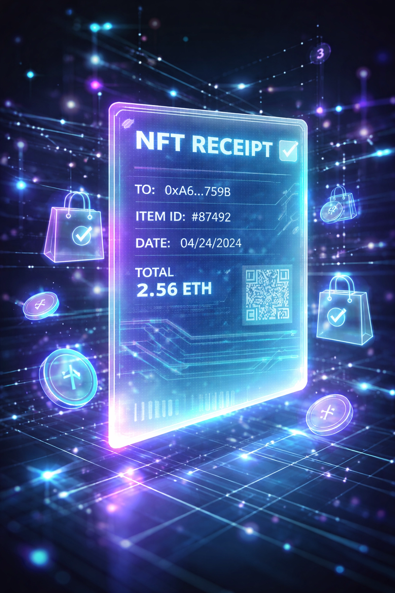 Glowing NFT receipt symbolizes blockchain-based shopping transactions and digital recordkeeping in metaverse retail.