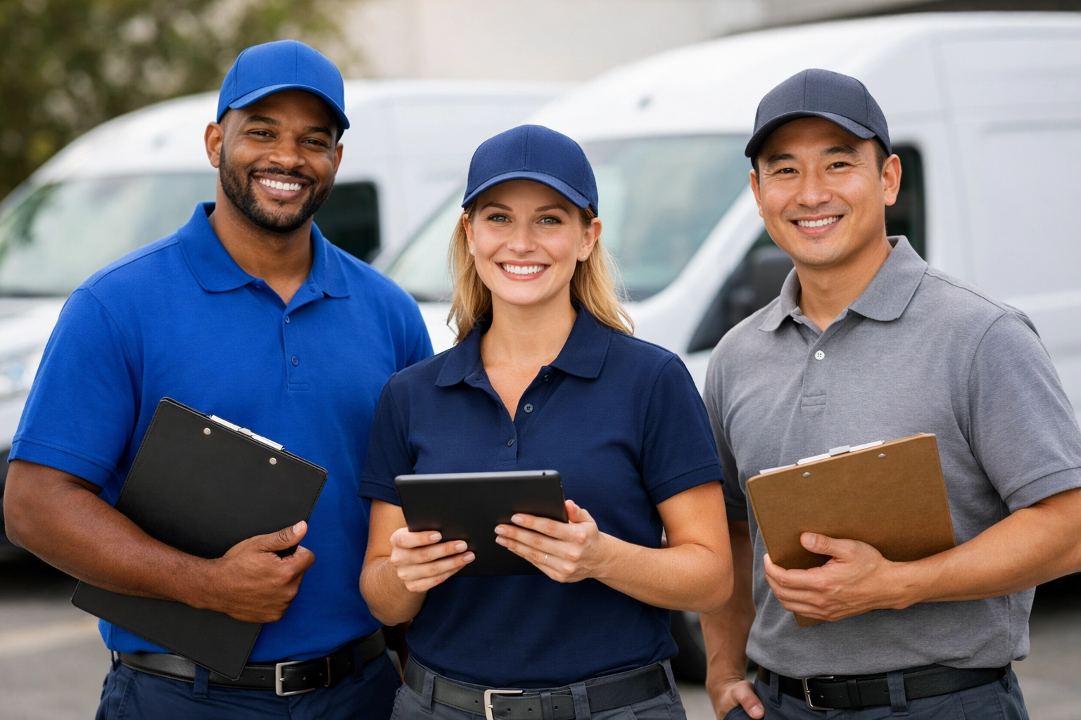 Professional delivery drivers standing with company vehicles and equipment
