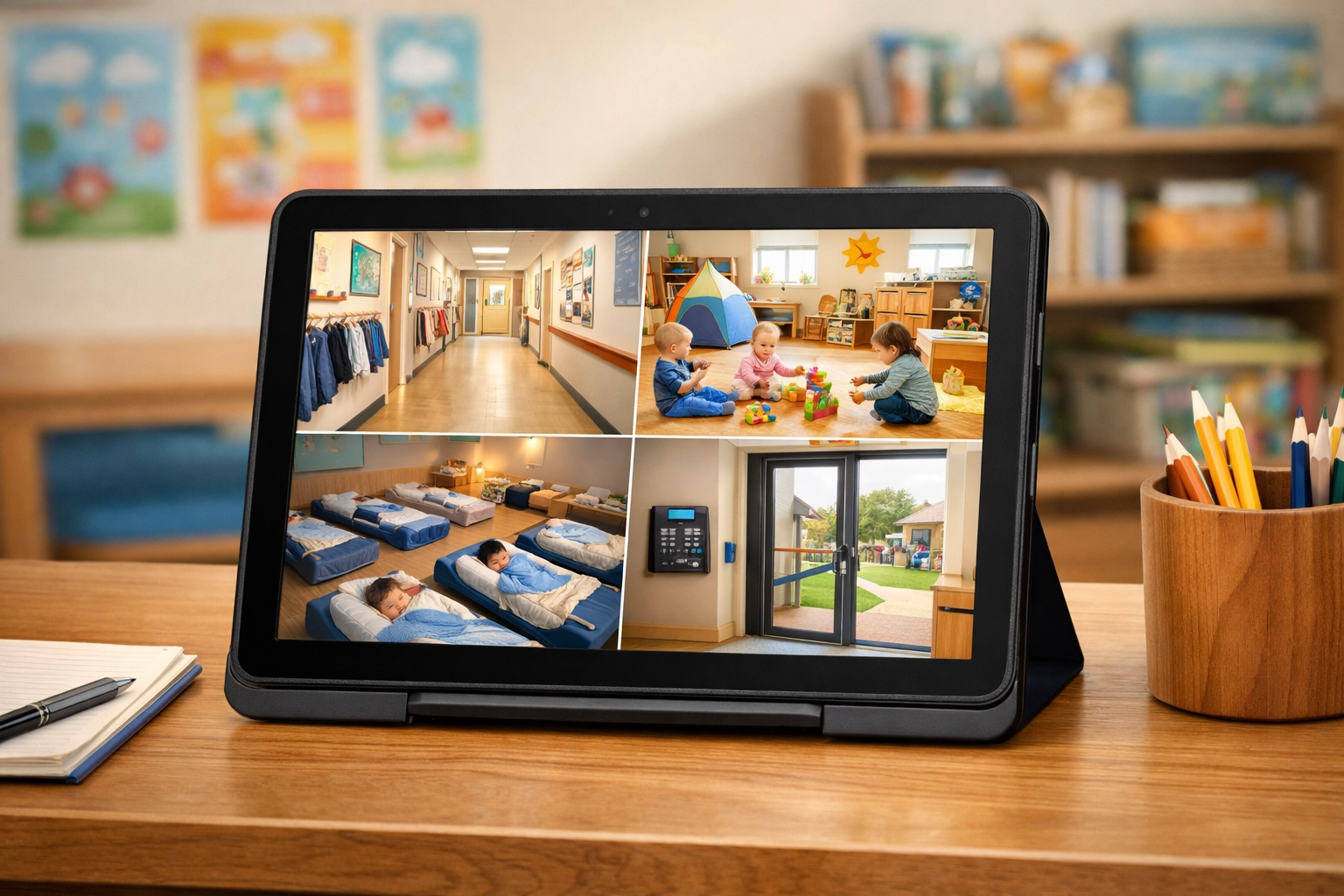 A remote monitoring tablet showing clear nursery security camera feeds for hallways and pre-school playrooms.